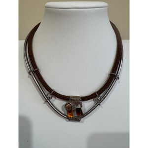 Vintage Abiste Women's Brown Silver cord fixed pendantNecklace 16”